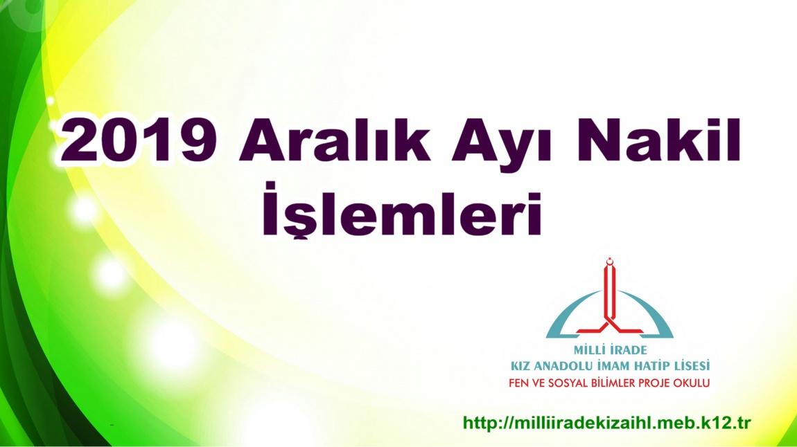 2019 Aralık Ayı Nakil İşlemleri 